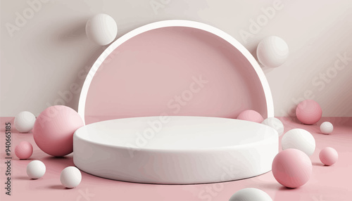 Egg-shaped white bowl with pink accents and floating pink spheres on a pink background