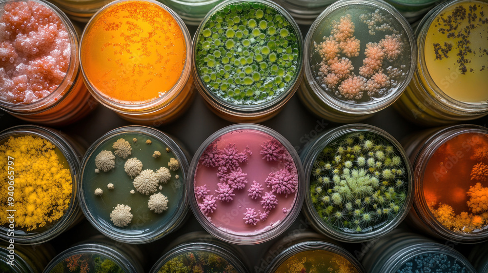 A series of petri dishes showing the diverse patterns of bacterial growth, influenced by different environmental factors. A series of petri dishes showing the diverse patterns of bacterial growth, influenced by different environmental factors.