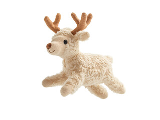 photo of a soft cotton mini reindeer doll with fluffy texture floating in mid-air on isolated background
