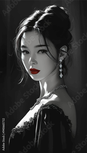 Elegant Woman in Black Dress with Diamond Earrings and Red Lipstick