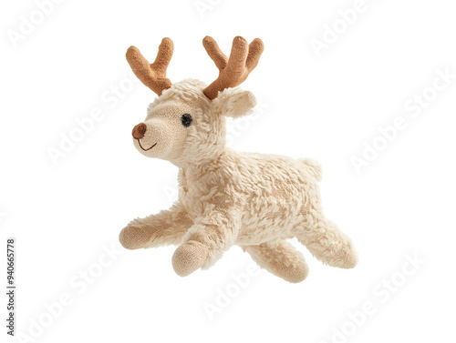 photo of a soft cotton mini reindeer doll with fluffy texture floating in mid-air on isolated background

