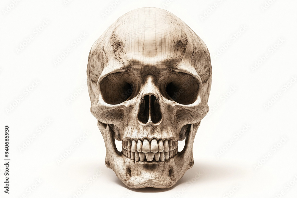 Realistic Human Skull on White Background with Dramatic Lighting Realistic Human Skull on White Background with Dramatic Lighting