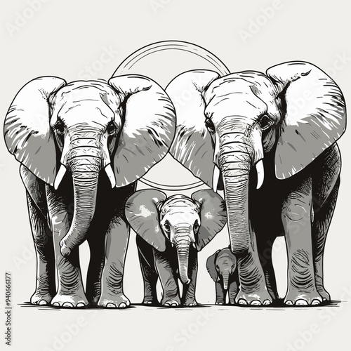 Family of Elephants: Adult and Baby Elephant Standing Together