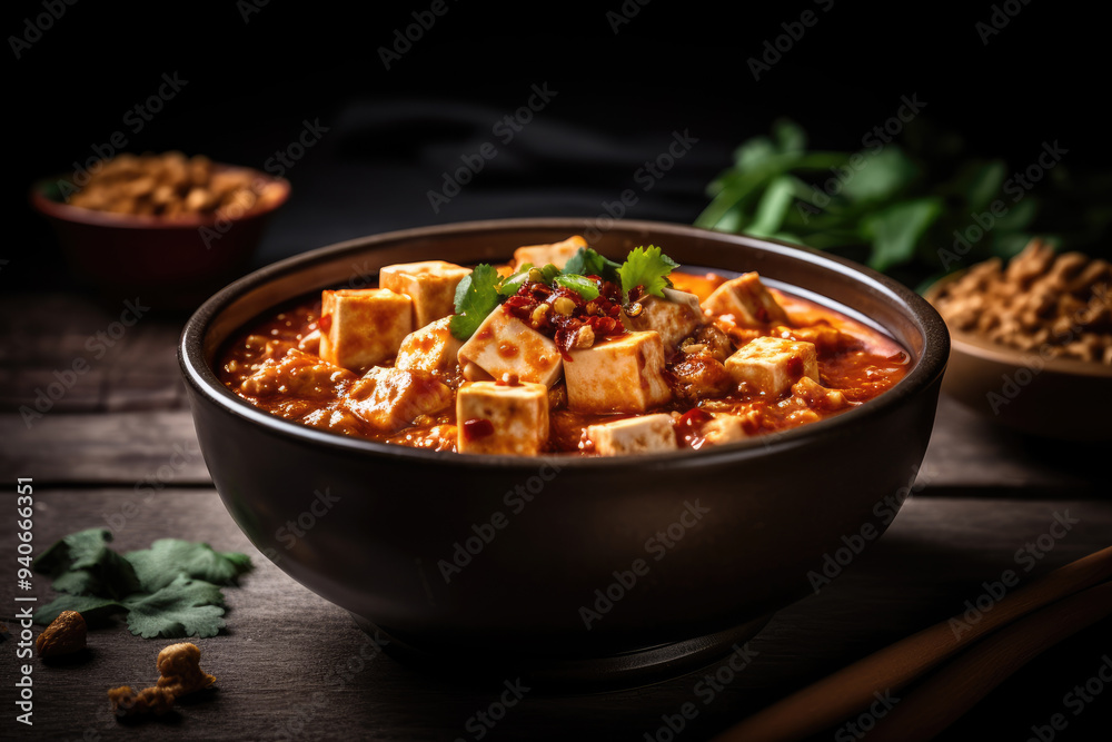 Mapo Tofu: A Spicy Sichuan Dish Made with Tofu, Ground Pork, and Fermented Bean Paste, Bursting with Fiery Flavors and Aromatic Spices, Perfect for Lovers of Authentic Chinese Cuisine Mapo Tofu: A Spicy Sichuan Dish Made with Tofu, Ground Pork, and Fermented Bean Paste, Bursting with Fiery Flavors and Aromatic Spices, Perfect for Lovers of Authentic Chinese Cuisine