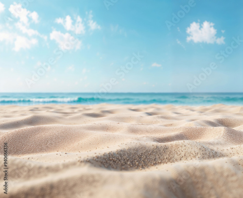 Tropical beach with soft sand, ocean, and blue sky in the background