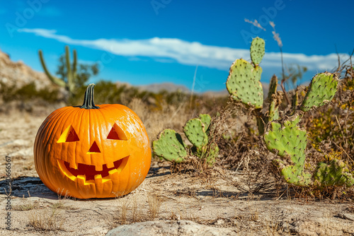 Halloween pumpkin in a desert near the cactus, hot sunny day photo