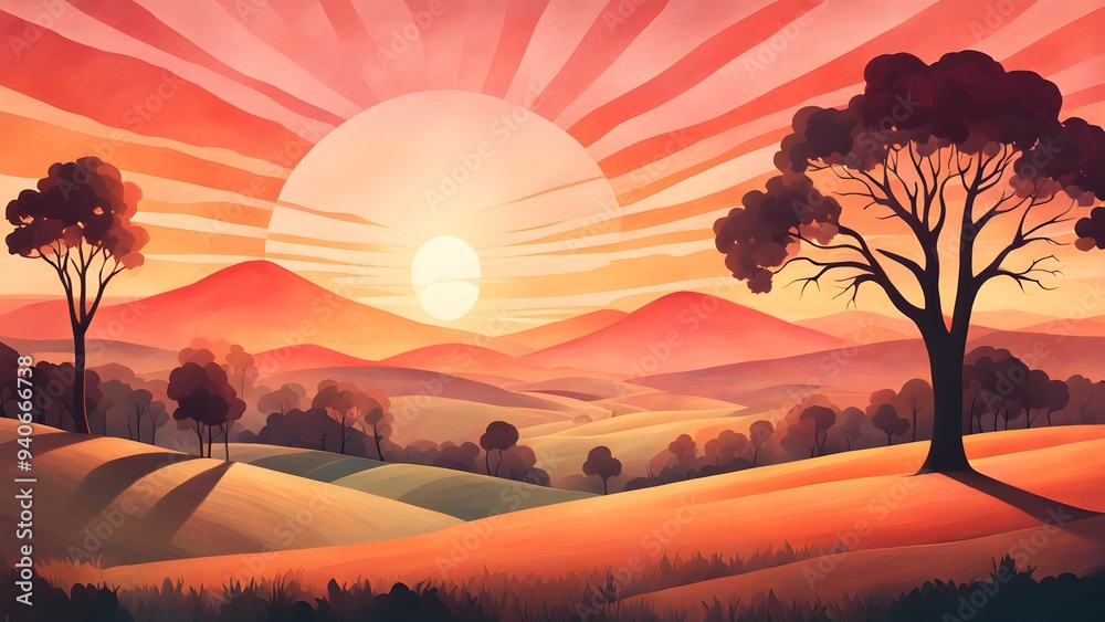 A beautiful landscape with a large sun in the sky and a tree in the foreground A beautiful landscape with a large sun in the sky and a tree in the foreground