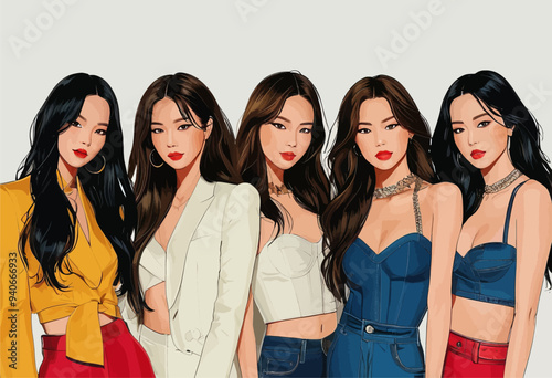 Fashionable Female Group: Four Stylish Women in Trendy Outfits