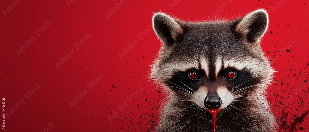 Obraz premium A tight shot of a raccoon, its face streaked with blood, a droplet dripping from its muzzle