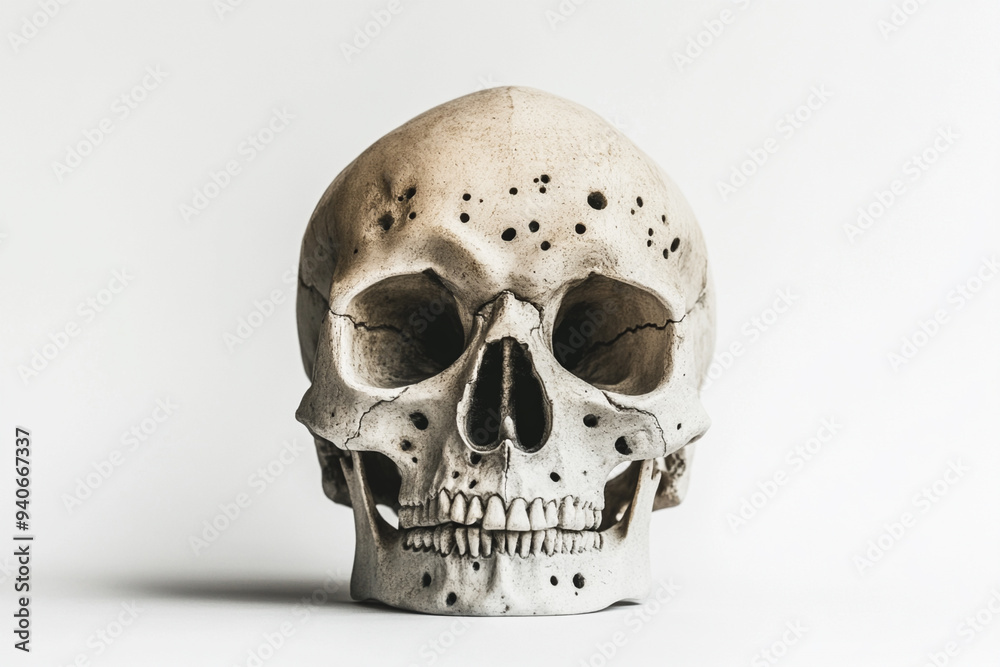 Realistic Human Skull on White Background with Dramatic Lighting Realistic Human Skull on White Background with Dramatic Lighting