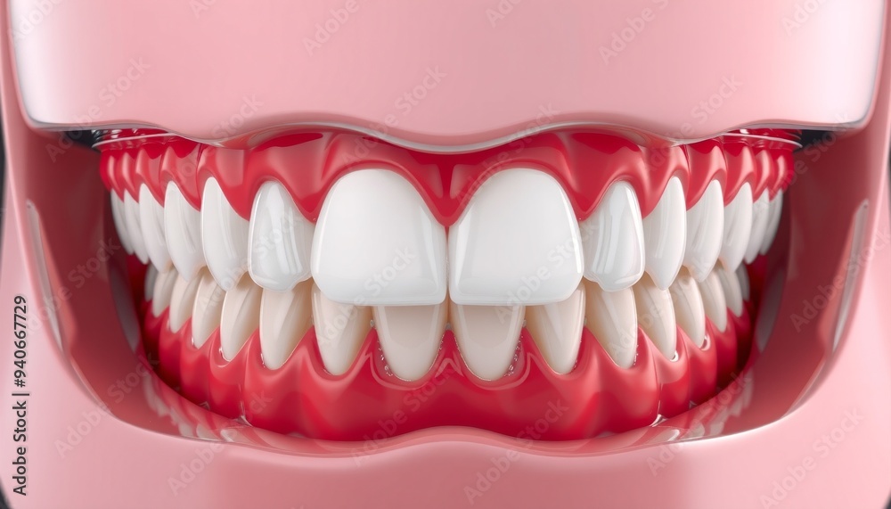 Obraz premium A close-up of a detailed artificial denture, showcasing its realistic teeth and gum texture. The thick layers of oil paint emphasize the smooth, polished surfaces and intricate details of the dental a