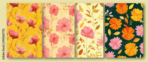 Floral Patterns in Pastel Colors: A Collection of Four Designs