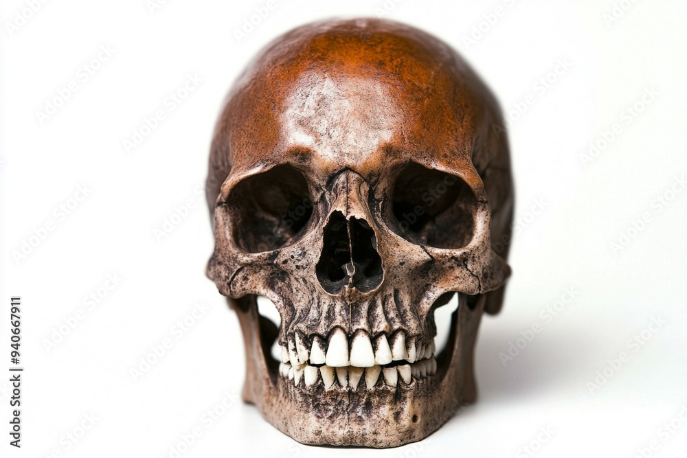 Fototapeta premium Realistic Human Skull on White Background with Dramatic Lighting