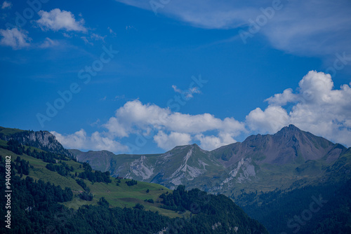 Alpine mountains and like in Switzerland. Alps mountains in Switzerland. Forest in the Swiss Alps. Panoramic of the nature of Switzerland. Nature of Swiss lakes. Switzerland scenic landscape.