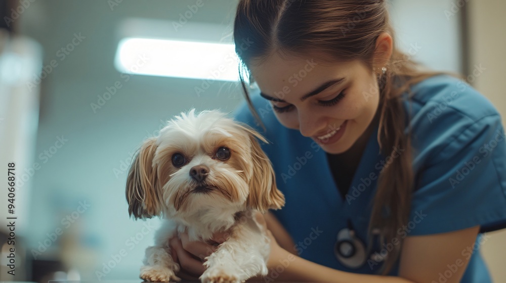 A veterinary assistant gently examining a small dog in a clinic setting, with soft lighting and a light solid color background A veterinary assistant gently examining a small dog in a clinic setting, with soft lighting and a light solid color background