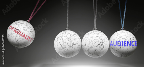 Originality and Audience - cause and effect relationship. A Newton cradle metaphor showing how originality results in audience. It initiates audience. ,3d illustration