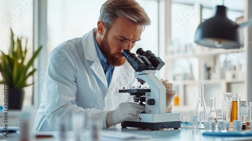 A veterinary pathologist examining tissue samples under a microscope in a lab setting, with soft lighting and a light solid color background photo