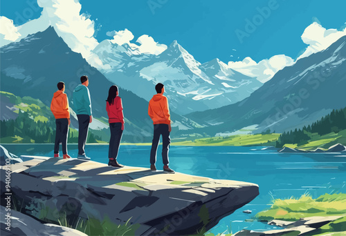 Friends Standing on Rocky Outcrop Overlooking Lake and Mountains