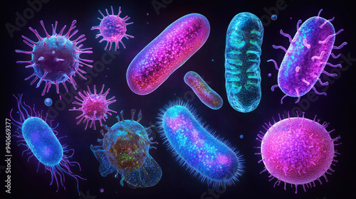 An artistic rendition of various bacteria cell types, highlighting differences in shape and structure, such as cocci, bacilli, and spirilla.