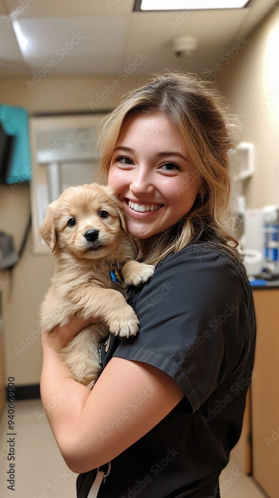 A female veterinary technician smiling while holding a small puppy, conveying a warm and caring environment for pets A female veterinary technician smiling while holding a small puppy, conveying a warm and caring environment for pets
