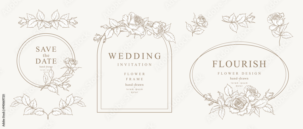 Luxury floral frames with Rose flowers and leaves. Vector vintage botanical illustration hand drawn in line art style for wedding invitation, save the date, card, logo, design, tattoo, greeting Luxury floral frames with Rose flowers and leaves. Vector vintage botanical illustration hand drawn in line art style for wedding invitation, save the date, card, logo, design, tattoo, greeting