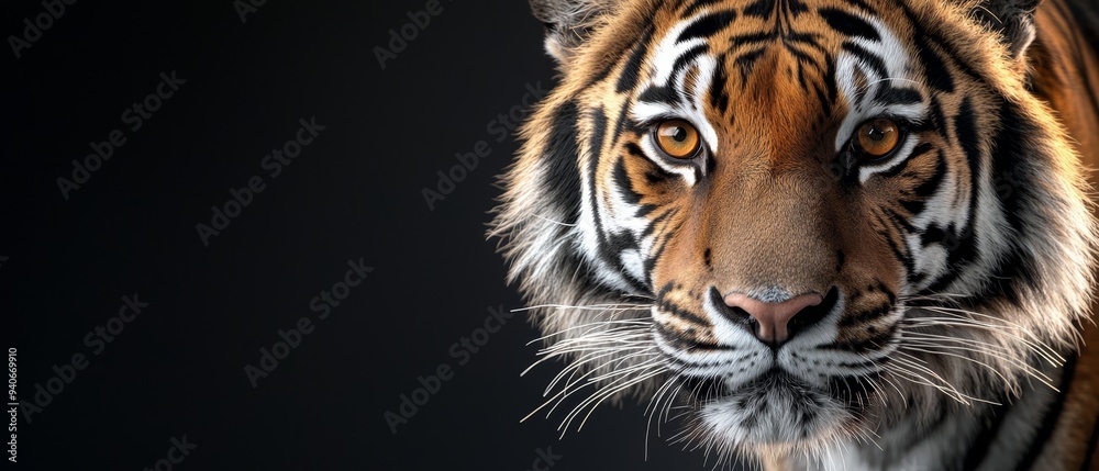 Obraz premium A tight shot of a tiger's eye against a black backdrop, concealing its fellow orb from view