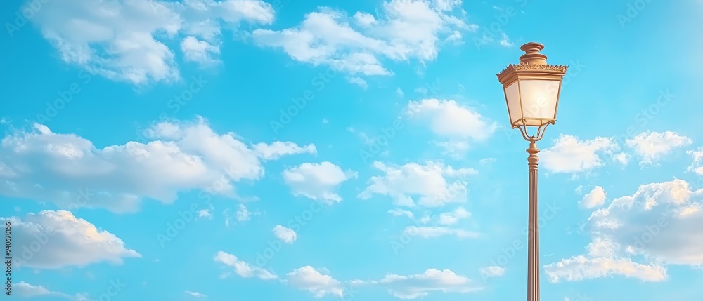 A streetlight before a blue sky with white clouds in the distance, blue sky and white clouds closer at hand A streetlight before a blue sky with white clouds in the distance, blue sky and white clouds closer at hand