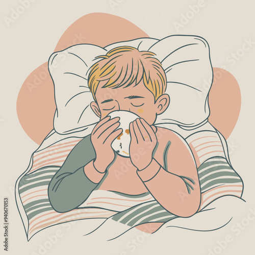Young boy is snug in bed, sipping a cup of tea as he recuperates from an illness