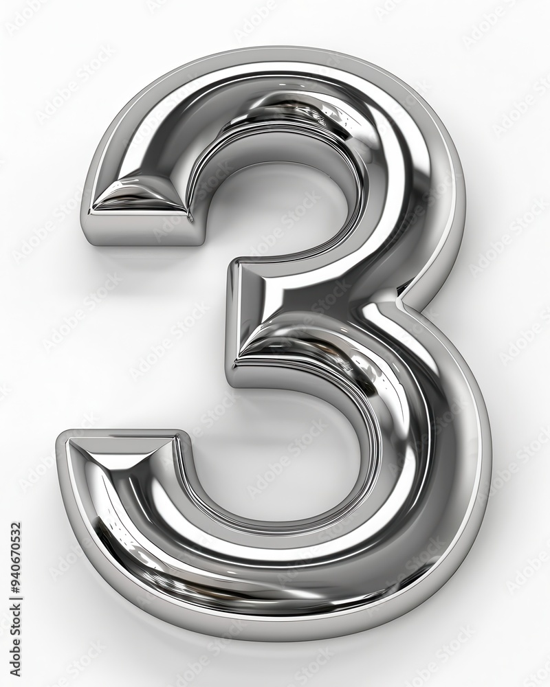 Number 3 3D. Silver Metal Font Standing in Front View on White Background Number 3 3D. Silver Metal Font Standing in Front View on White Background