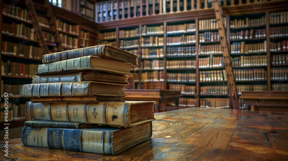 Obraz premium 3. Close-up of a stack of books resting on a wooden table, positioned in front of a vast library. The background reveals shelves upon shelves of books, offering a glimpse into the wealth of knowledge