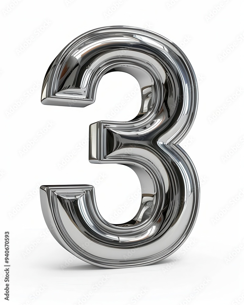 Number 3 3D. Three Silver Metal Font Standing on White Background Number 3 3D. Three Silver Metal Font Standing on White Background