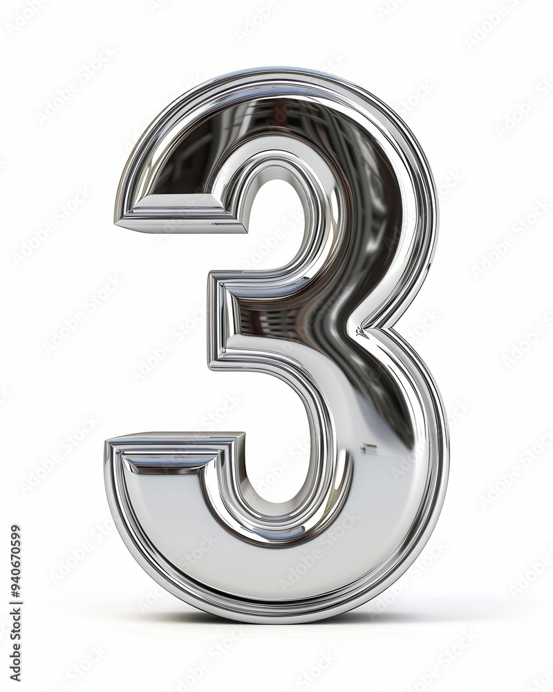 Number 3 3D. Silver Metal Three Font Standing in Front View Number 3 3D. Silver Metal Three Font Standing in Front View