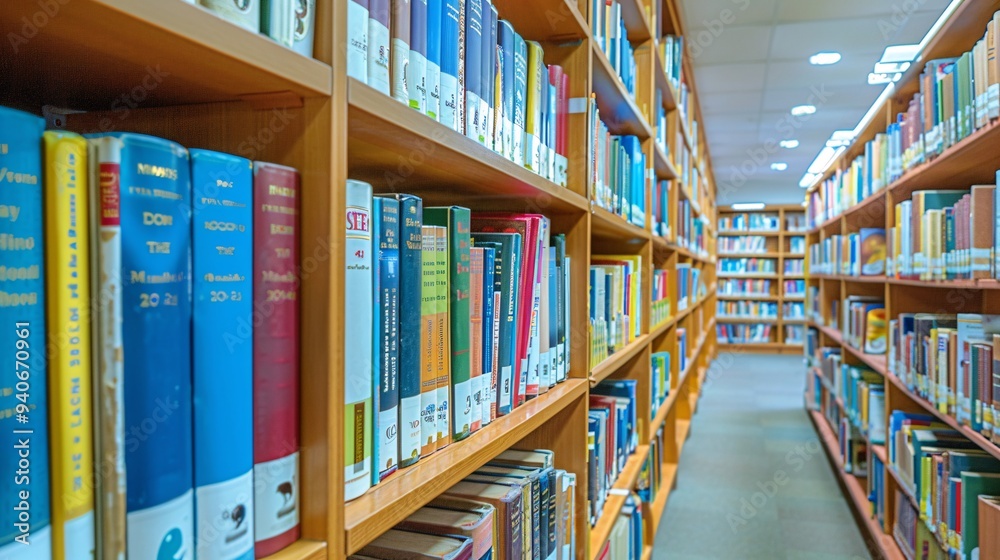 8. A detailed view of books on shelves in a cozy library, showcasing a variety of titles and covers. The well-organized shelves stretch into the background, filled with an array of educational and 8. A detailed view of books on shelves in a cozy library, showcasing a variety of titles and covers. The well-organized shelves stretch into the background, filled with an array of educational and