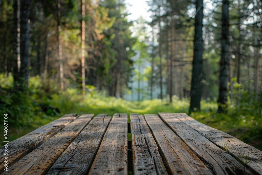 Boreal forest background with rustic wooden table for product display. Boreal forest background with rustic wooden table for product display.