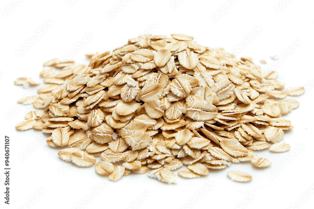 Oats Isolated on White Background. Top View of Oatmeal Pile with Rolled Flakes Oats Isolated on White Background. Top View of Oatmeal Pile with Rolled Flakes