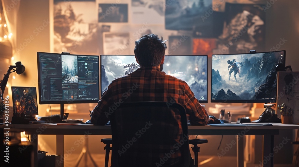 A video game producer sitting at a desk with multiple monitors, analyzing game design documents, surrounded by concept art A video game producer sitting at a desk with multiple monitors, analyzing game design documents, surrounded by concept art