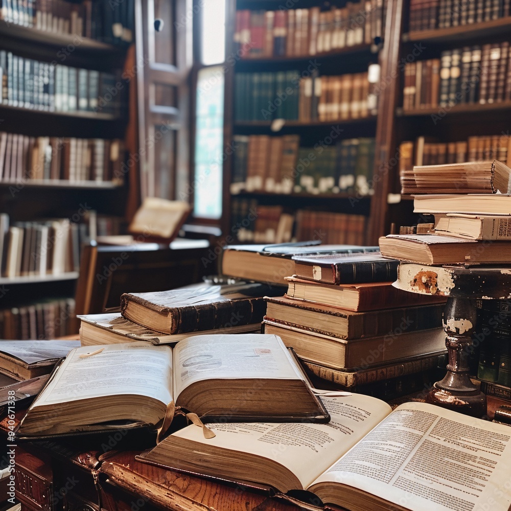 7. A library reading desk featuring an open old textbook and several stacks of literature text archives 7. A library reading desk featuring an open old textbook and several stacks of literature text archives