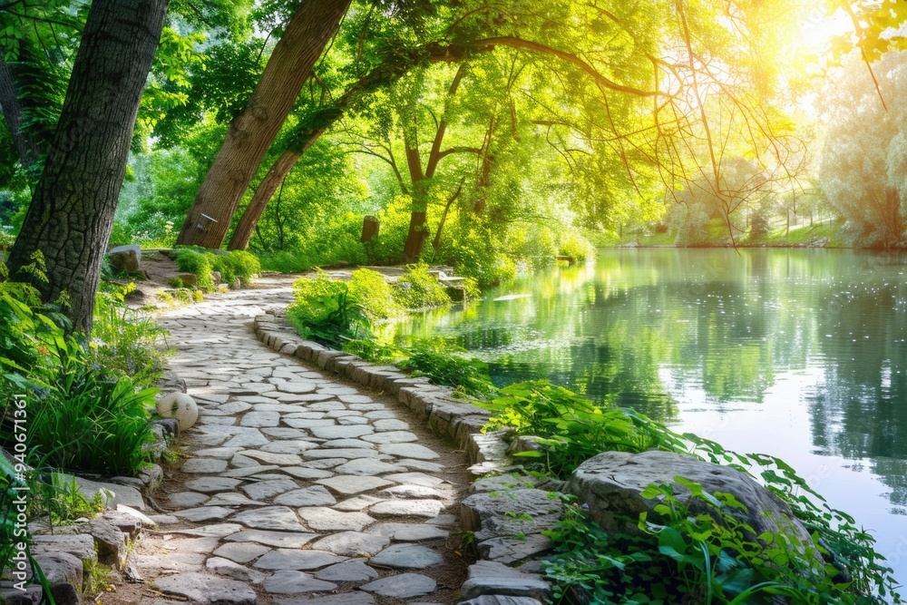 Vibrant summer park landscape with lake and green foliage. Vibrant summer park landscape with lake and green foliage.