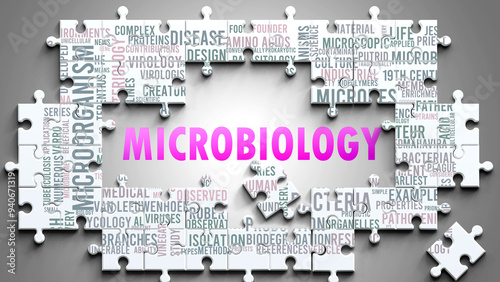 Microbiology as a complex subject, related to important topics. Pictured as a puzzle and a word cloud made of most important ideas and phrases related to microbiology. ,3d illustration