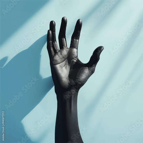 Hand in Black Glove Against Blue Wall