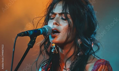 A young woman with long black hair sings into a microphone on stage, lit by colorful stage lights