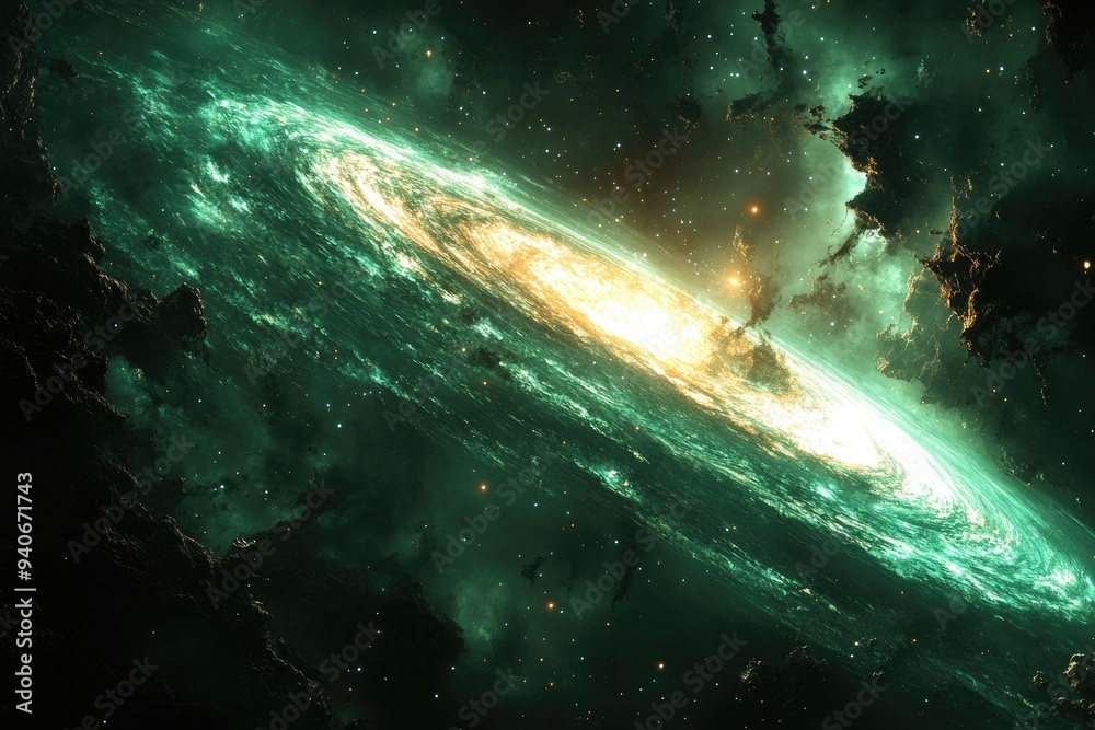 Fototapeta premium A Green Spiral Galaxy with Stars and Nebulae