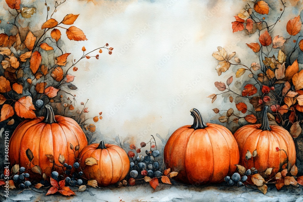 A vibrant watercolor autumn frame featuring pumpkins and vines, perfect for Halloween decor and seasonal promotions with copy space. A vibrant watercolor autumn frame featuring pumpkins and vines, perfect for Halloween decor and seasonal promotions with copy space.