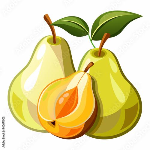 Two Whole Pears and One Half Pear with Green Leaves