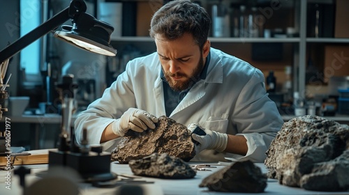 A volcanologist analyzing volcanic rock samples in a laboratory setting with various tools nearby photo