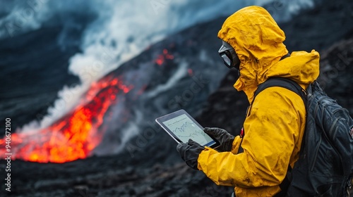 A volcanologist studying a volcanic eruption using a tablet while wearing protective gear photo