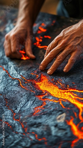 A close-up of a volcanologist's hands examining lava flow patterns on a geological map photo