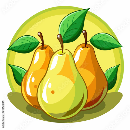 Three Cartoon Pears with Green Leaves on a Yellow Background