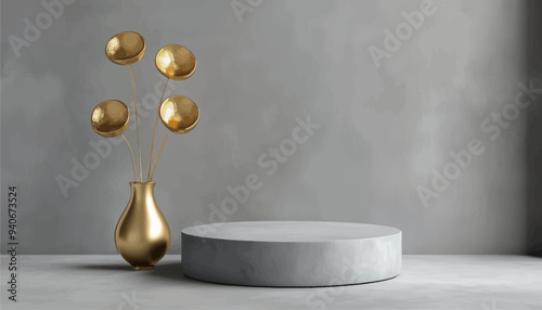 Modern Decor: Gold Vase with Gold Bowl Flower Arrangement on Stone Coffee Table