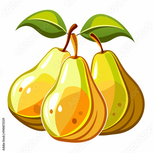 Three Ripe Yellow Pears with Green Leaves